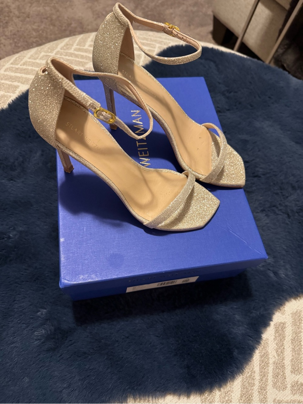 Stuart Weitzman Glitter Ankle-Strap Heels in Champagne Gold